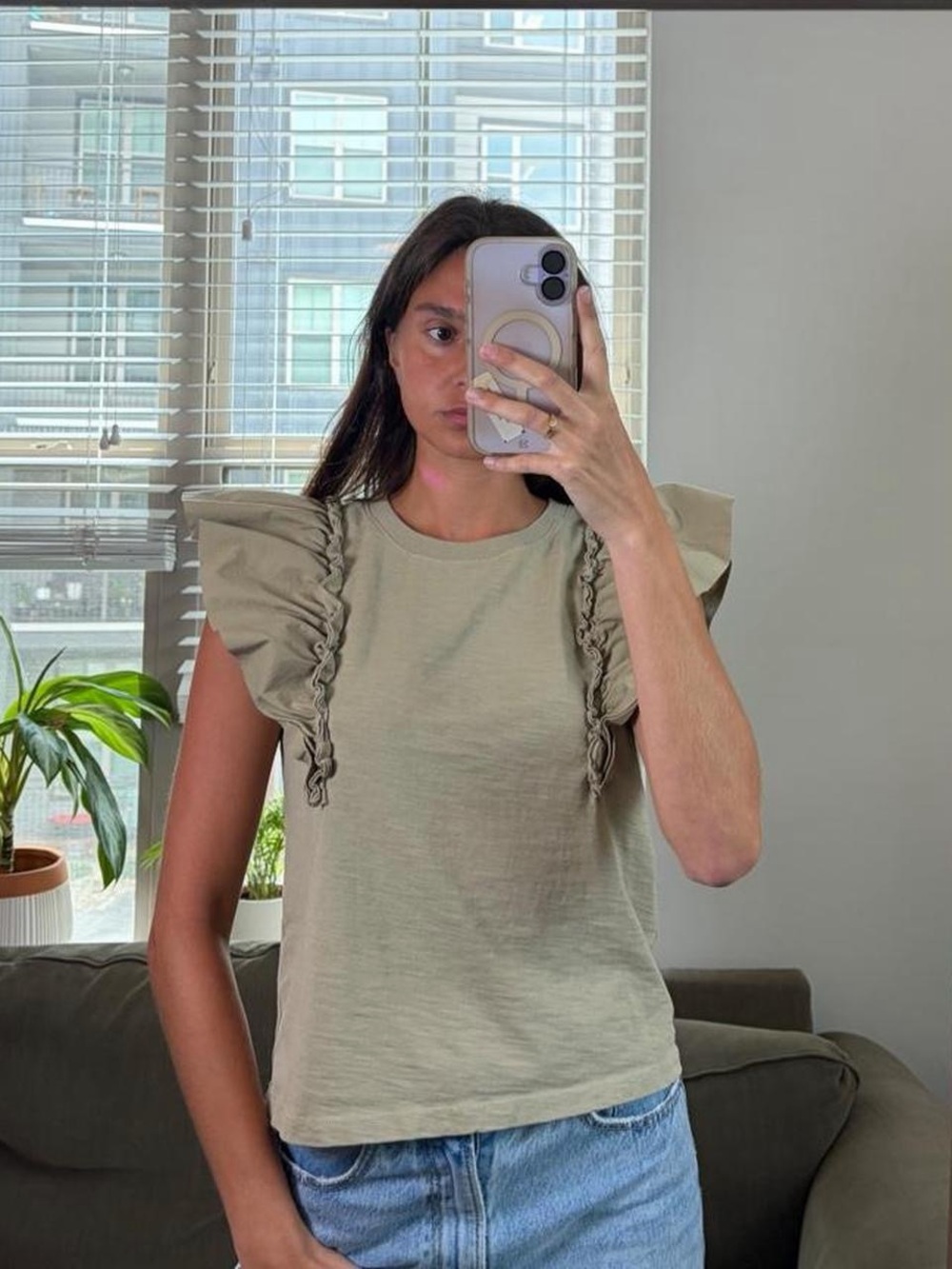 Nation LTD Los Angeles green ruffle sleeved top